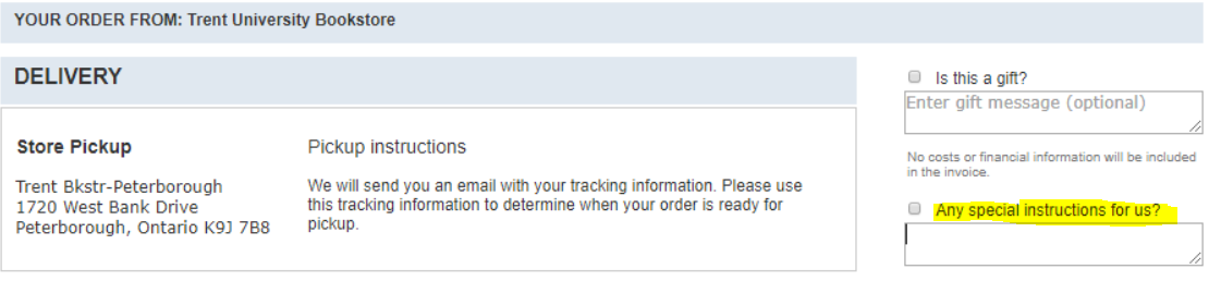 Screen grab of the step for filling out special instructions