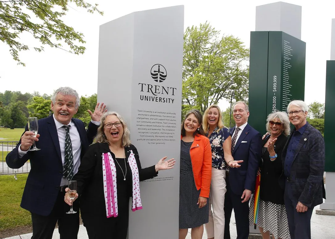 Celebrating our donors (from left to right) President Leo Groarke, VP Cathy Bruce, VP Julie Davis, AVP Sherry Booth, longtime donor Gavin Marshall, Linda Schuyler, and Chancellor Stephen Stohn.