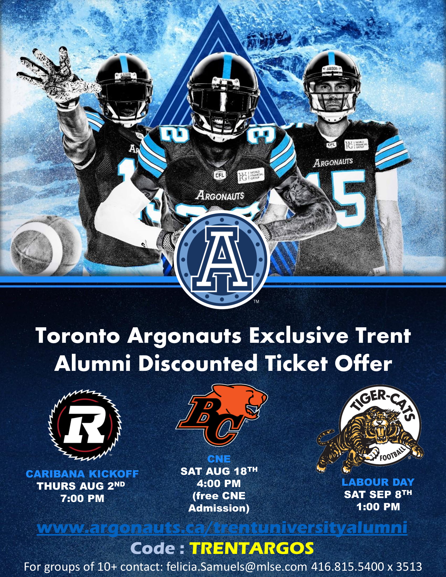 Toronto argonauts discounted ticket poster for Trent U. alumni 2018