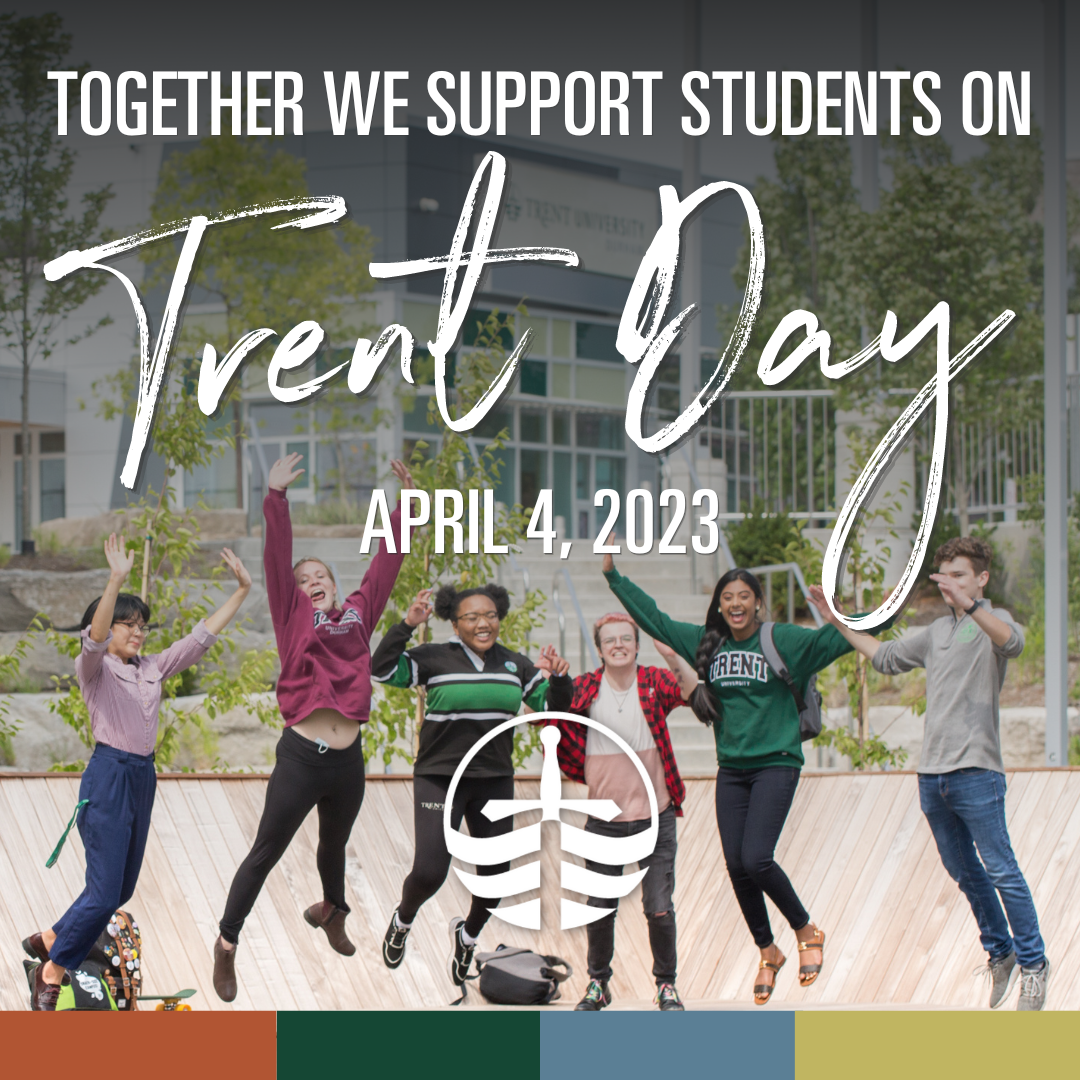 Photo of five students cheering with Trent Day logo superimposed.