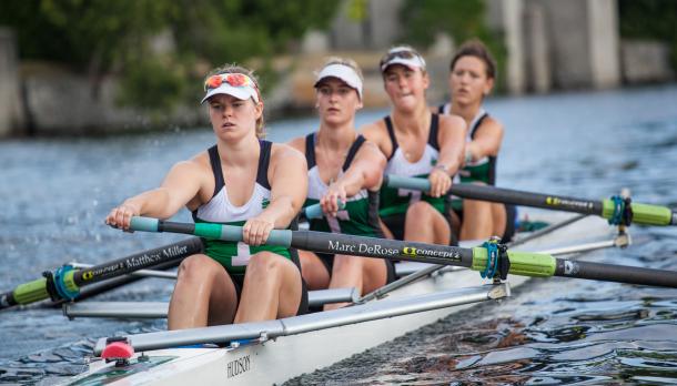 4 Trent students rowing on the Otonabee River